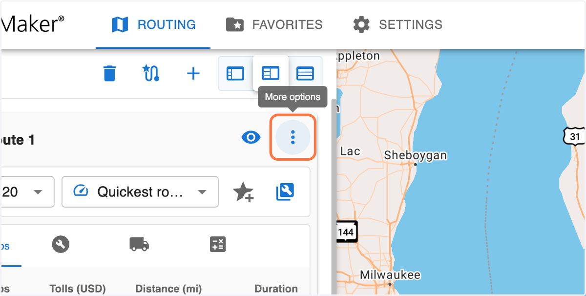 Click on the 'More options' menu to the right of the route you want to save.
