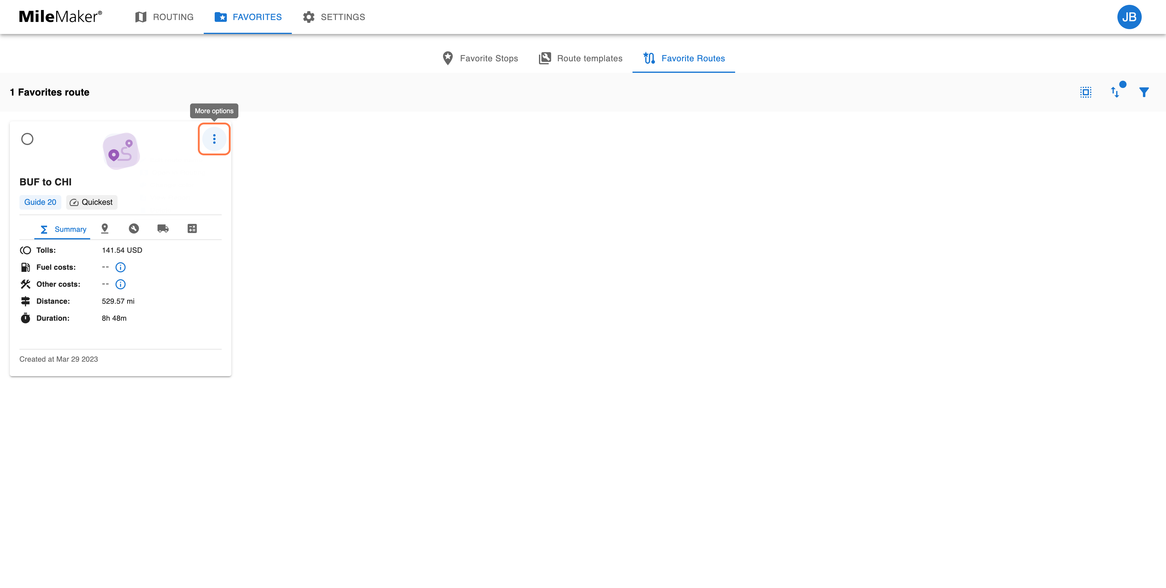 Click on the 'More options' menu in the top right corner of the route you'd like to retrieve.