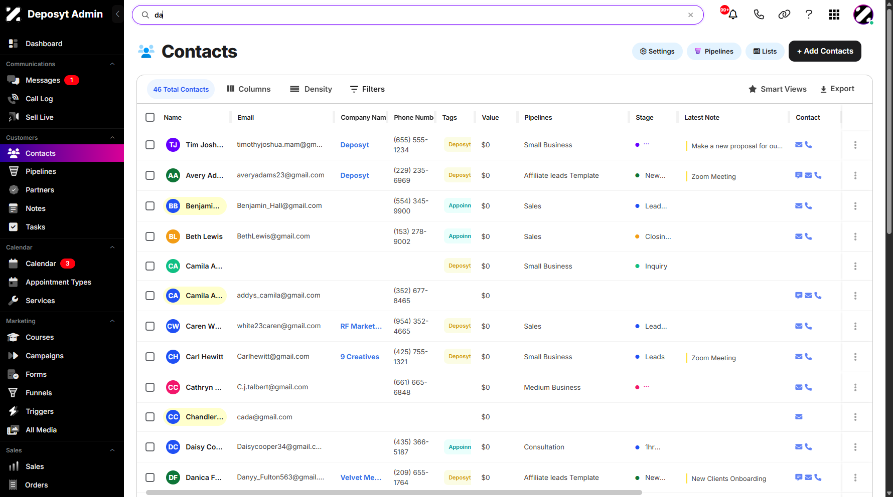 Step 3: You will be navigated to the Contacts section. From here, click the search bar above and type the customer’s name.