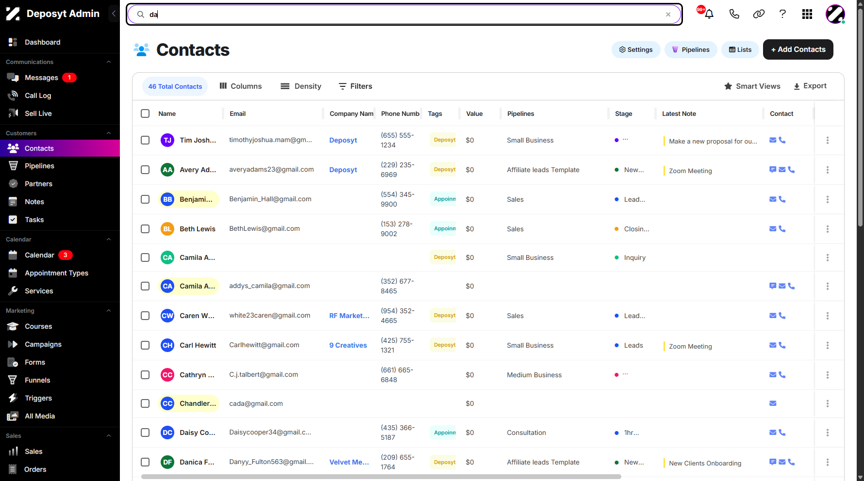 Step 3: You will be navigated to the Contacts section. From here, click the search bar above and type the customer’s name.