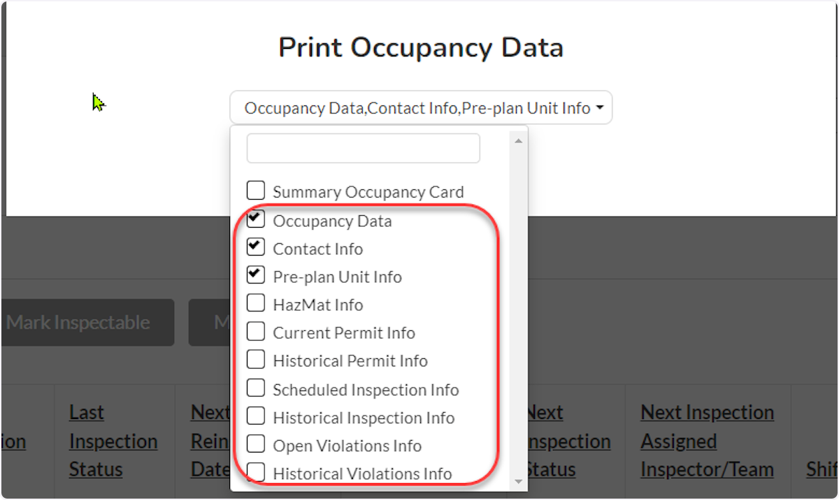 Or, select one or more sections of the Occupancy record to print previously entered data.