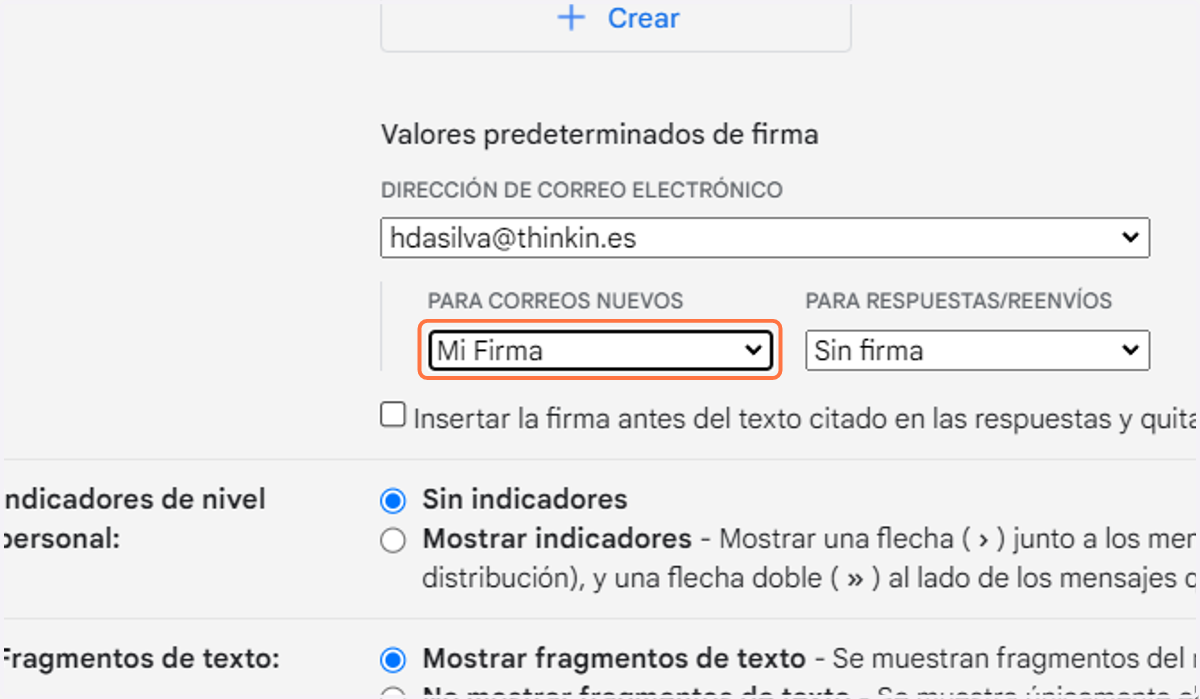 Asignar la firma creada para correos nuevos