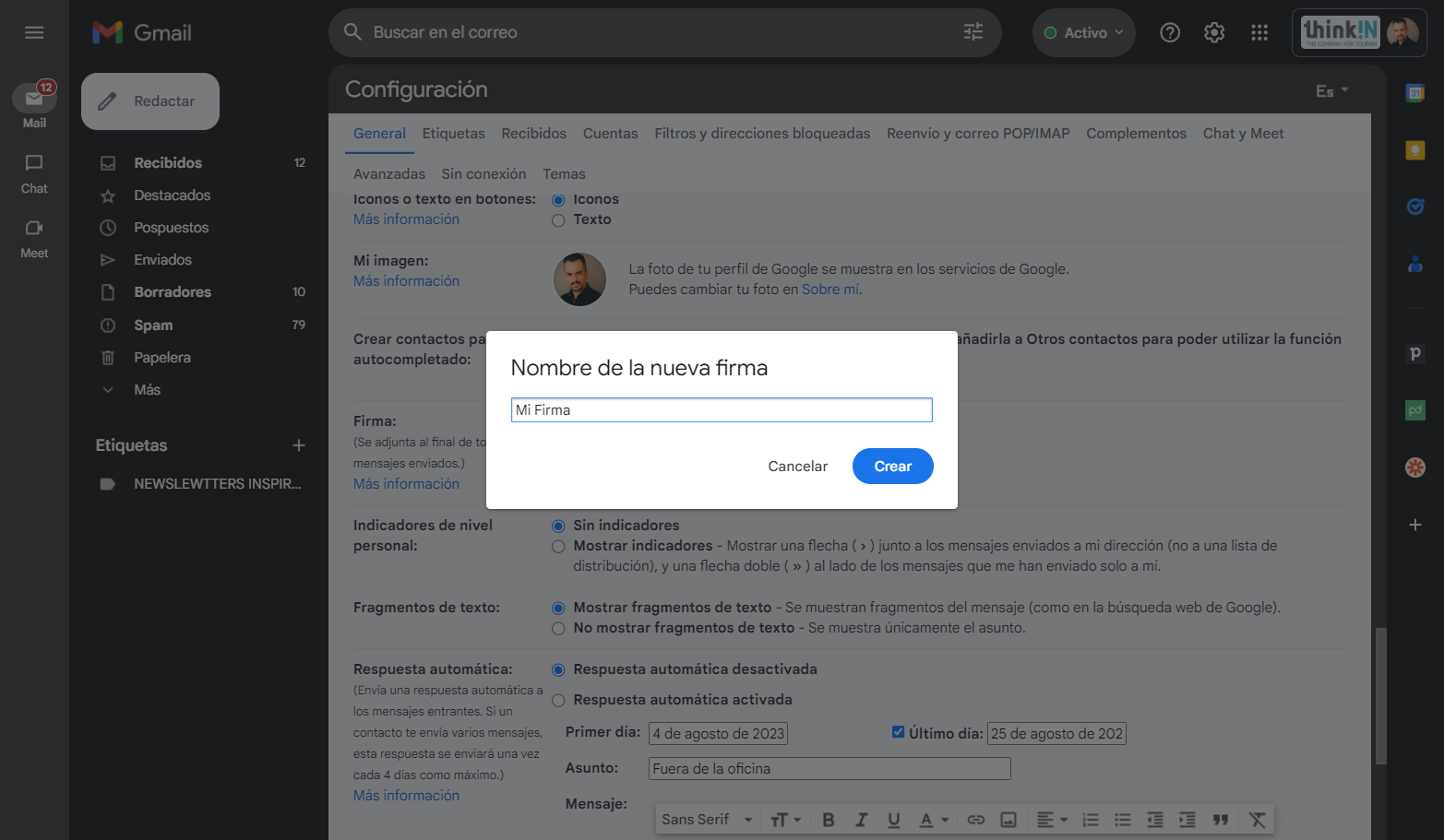 Poner un nombre a la firma, por ejemplo: "Mi Firma" y luego crear.