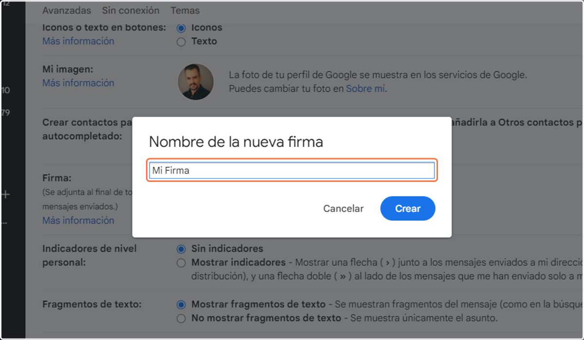 Poner un nombre a la firma, por ejemplo: "Mi Firma" y luego crear.