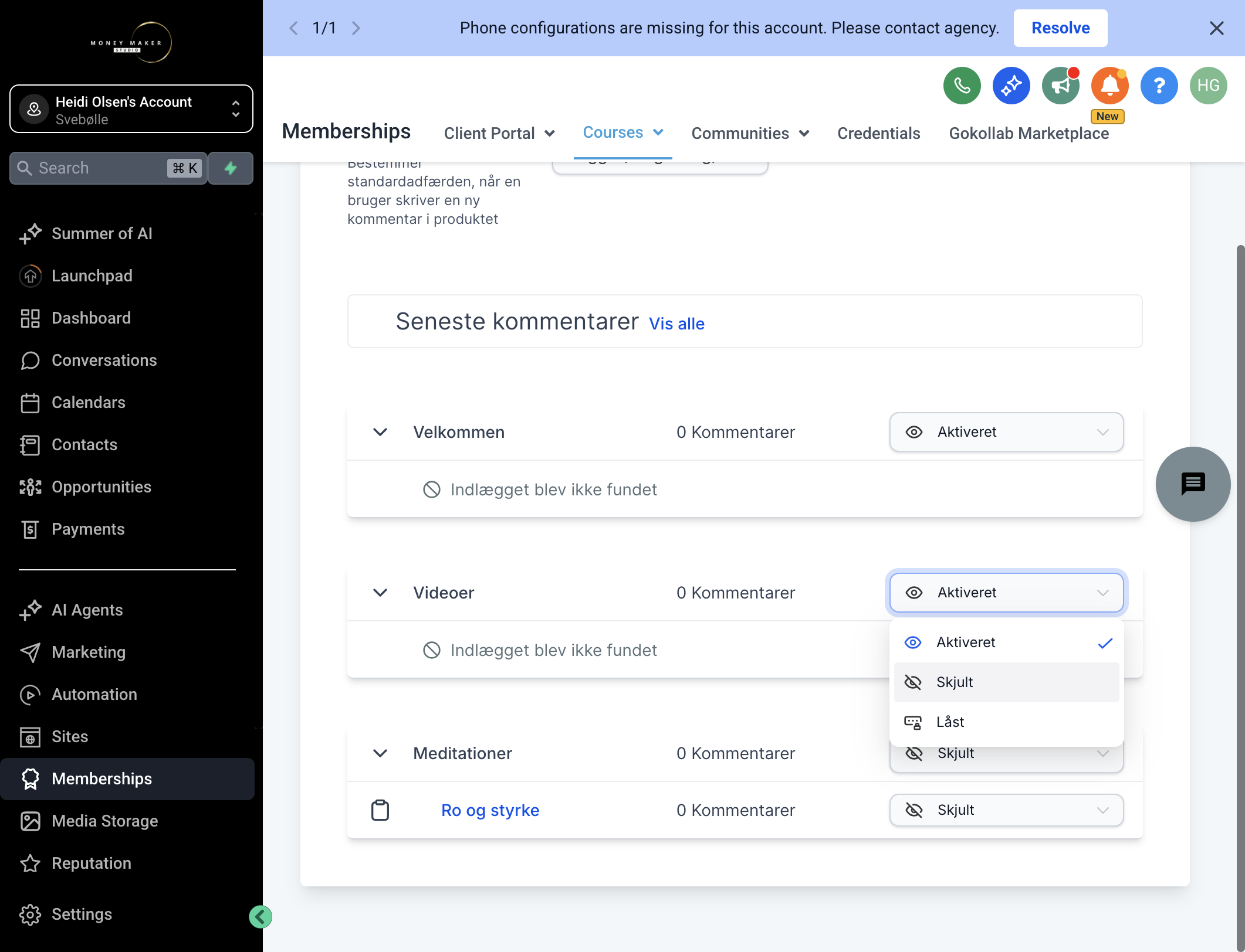 Indstil kommentarer for hver kategori/lektion til at være "Aktiveret" eller "Skjult"