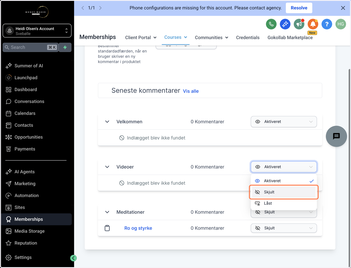 Indstil kommentarer for hver kategori/lektion til at være "Aktiveret" eller "Skjult"