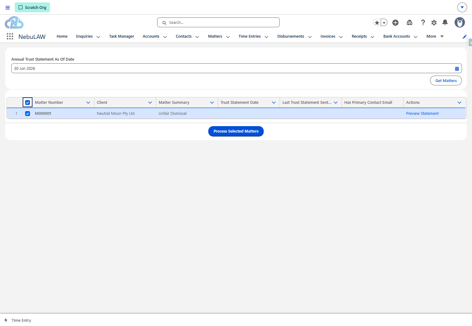 Click on Process Selected Matters