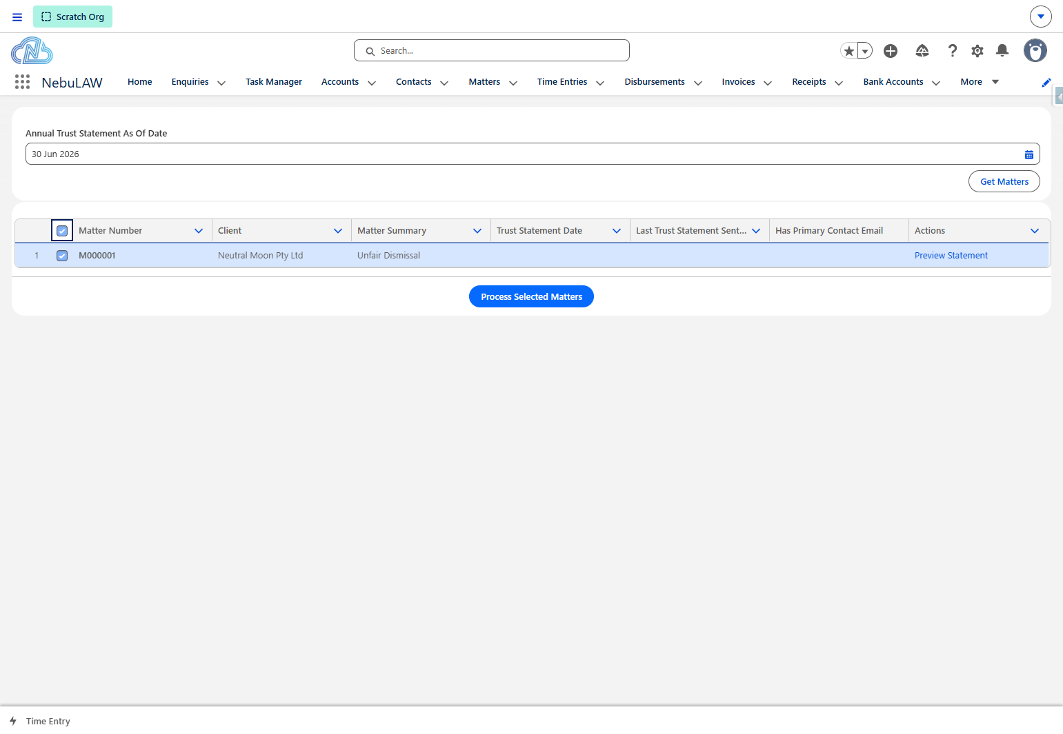 Select the tick box next to "Matter Number" in the grey header to bulk select all matters in the list. Alternatively you can individually nominate the tick box for each matter.