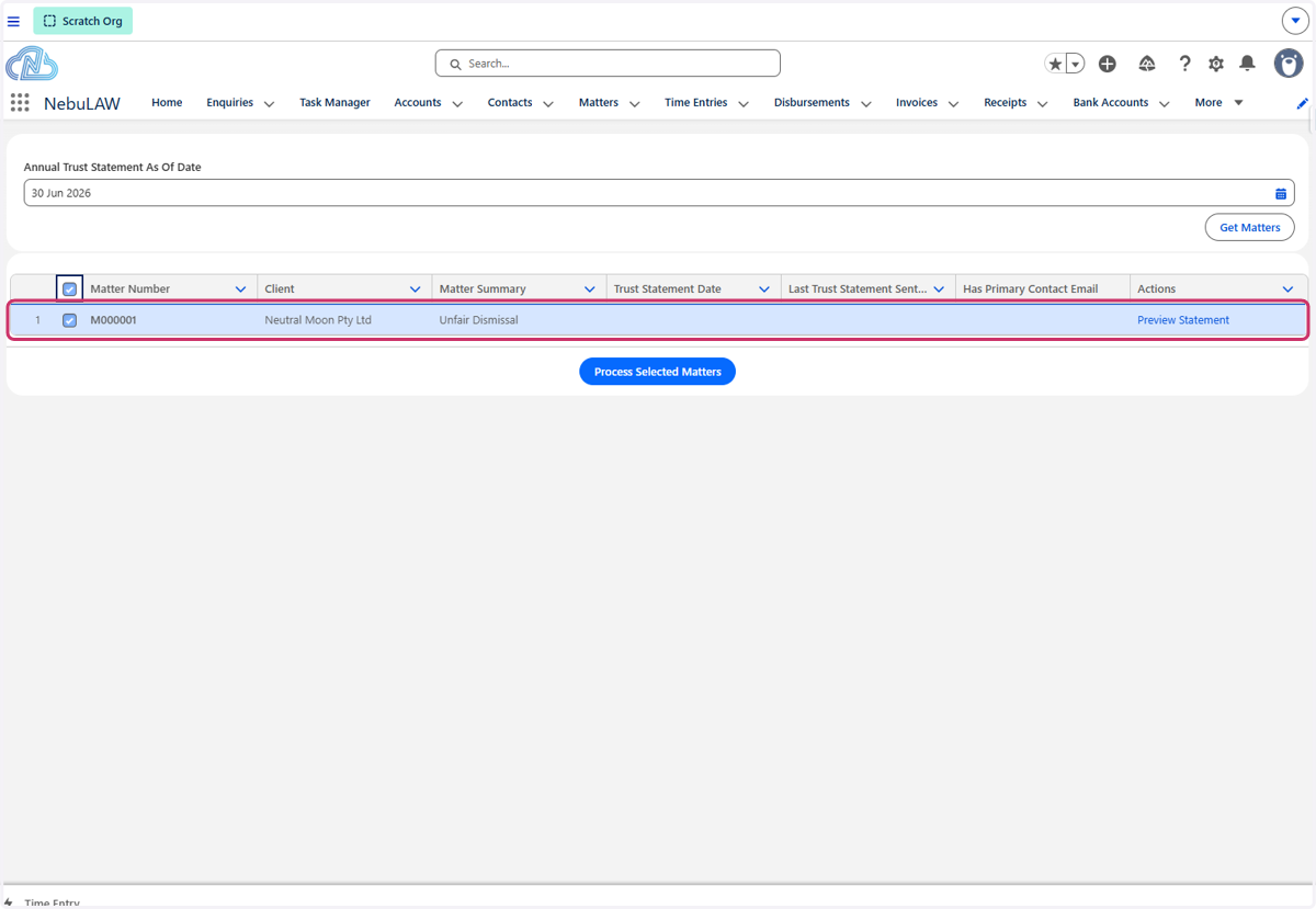 Select the tick box next to "Matter Number" in the grey header to bulk select all matters in the list. Alternatively you can individually nominate the tick box for each matter.