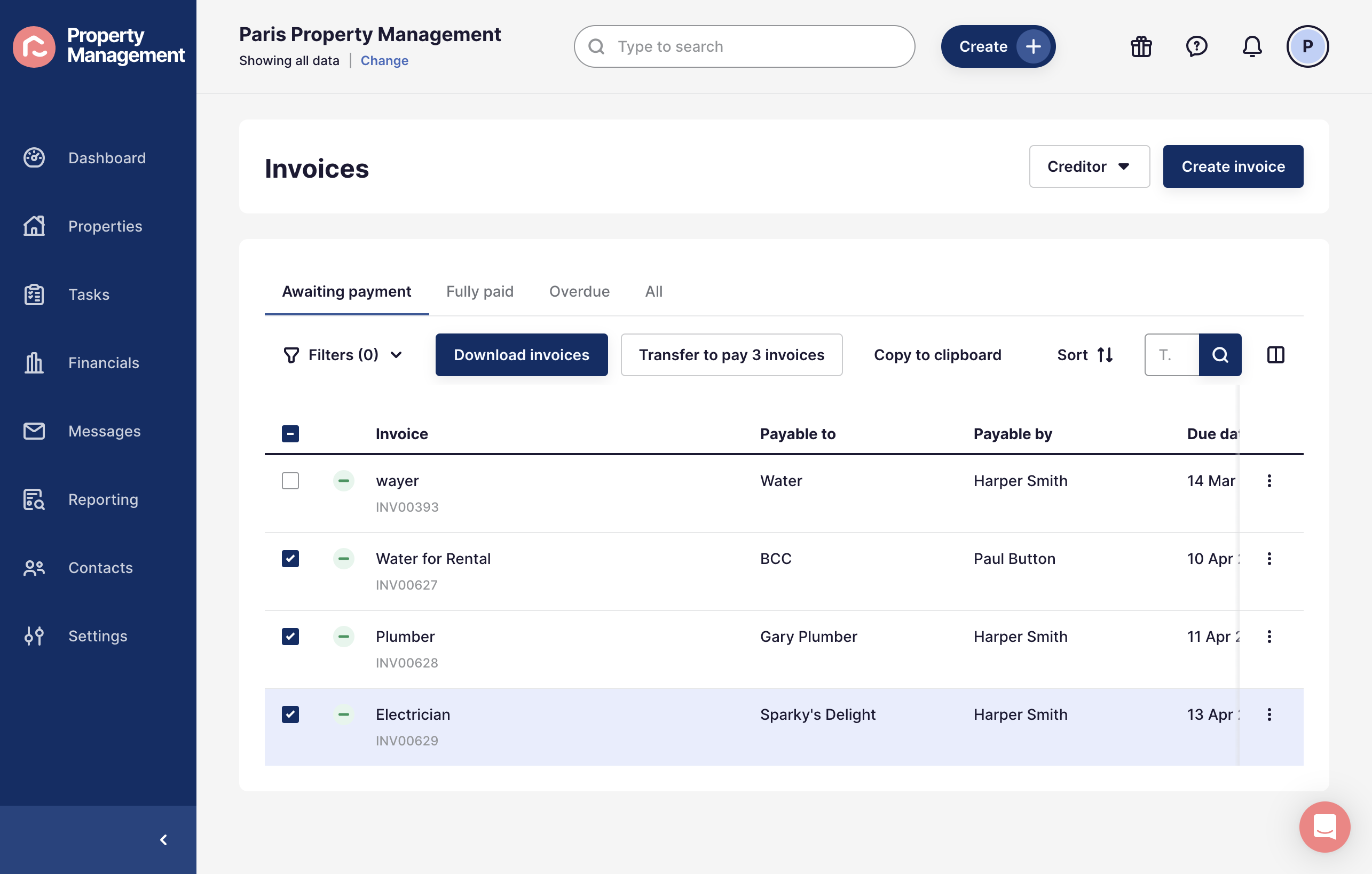 Using the tick box, check the invoices you would like to pay