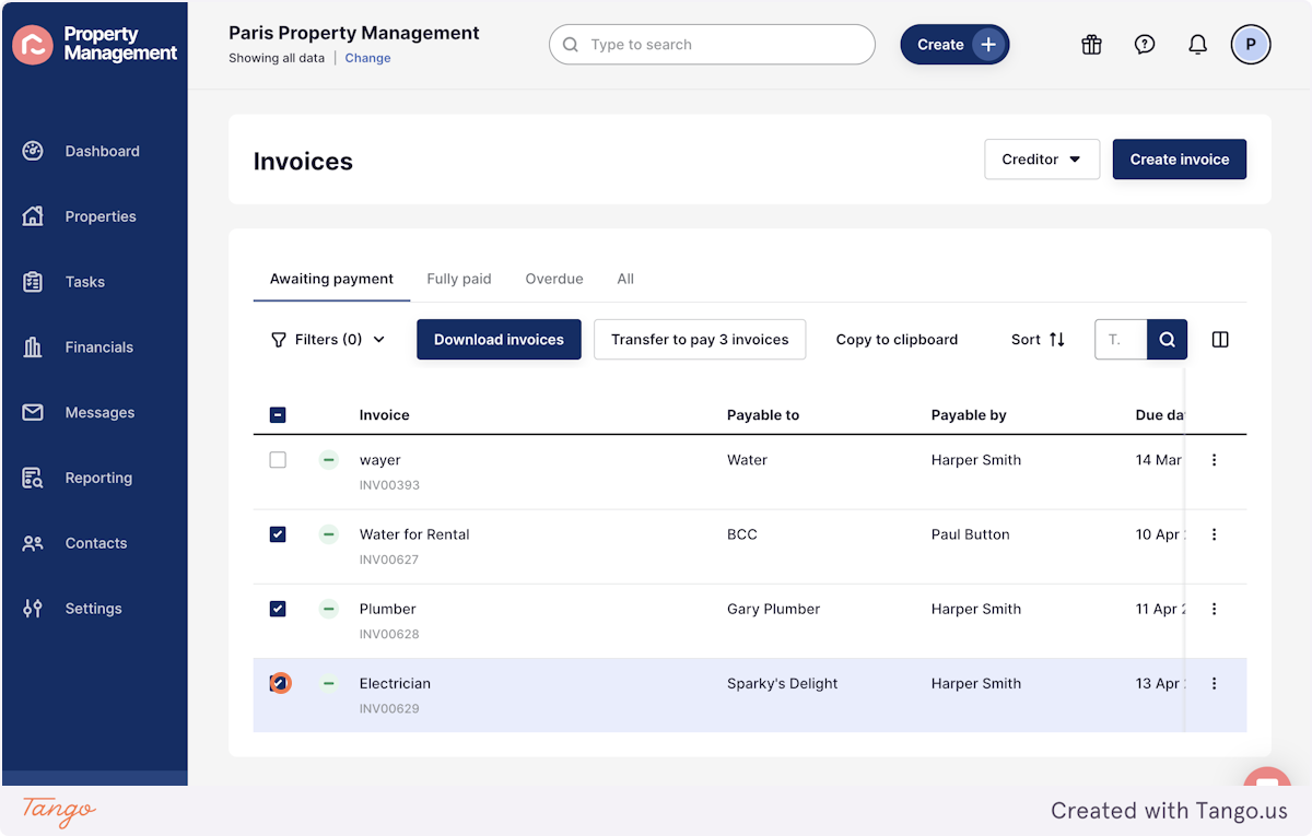 Using the tick box, check the invoices you would like to pay