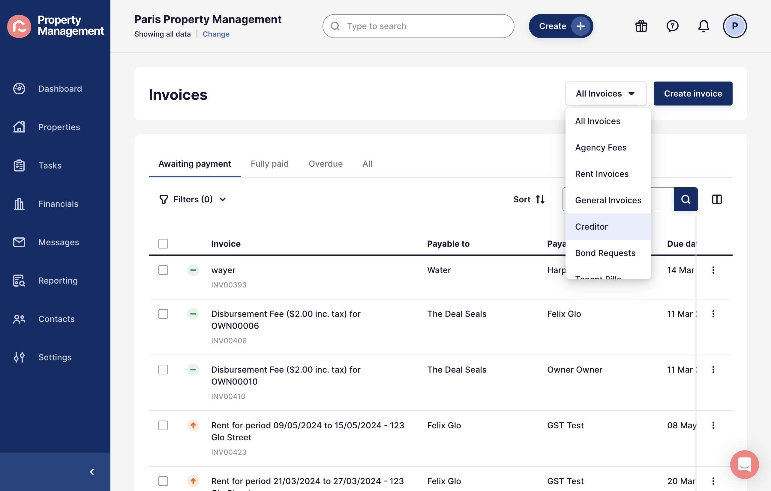 You can also filter the invoices by type, in this example I want to only look at Creditor invoices
