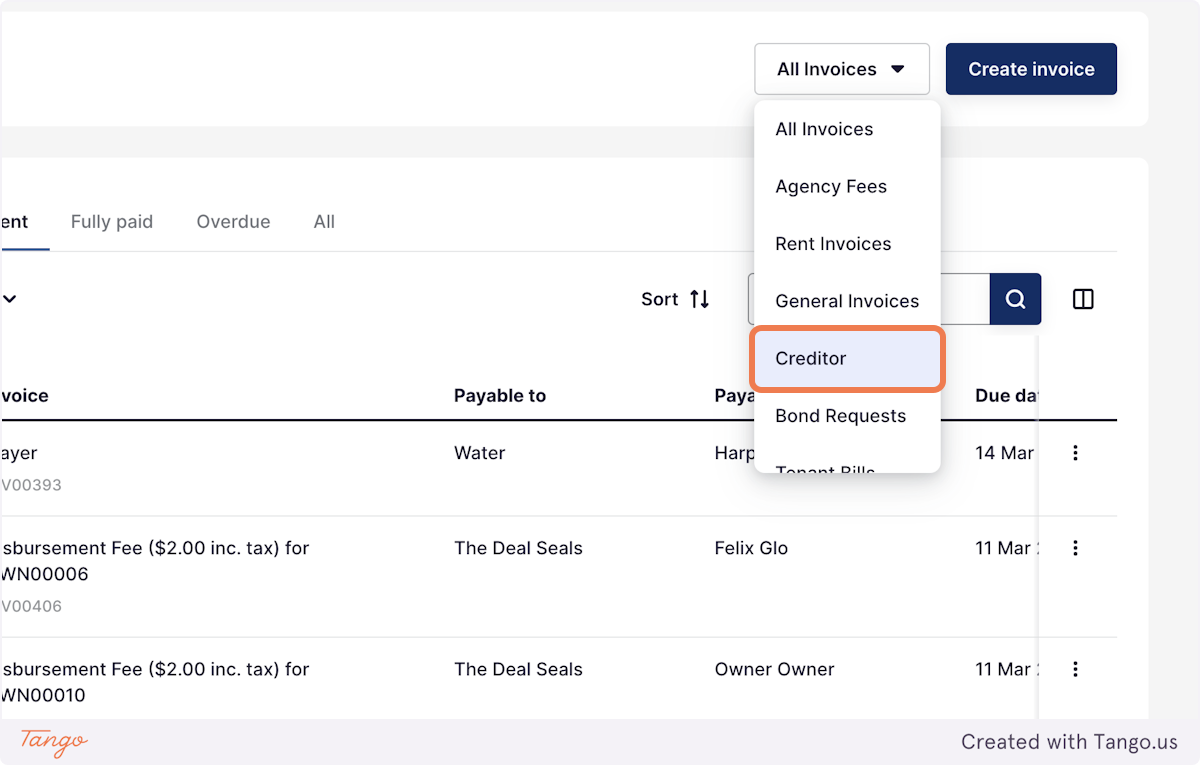 You can also filter the invoices by type, in this example I want to only look at Creditor invoices