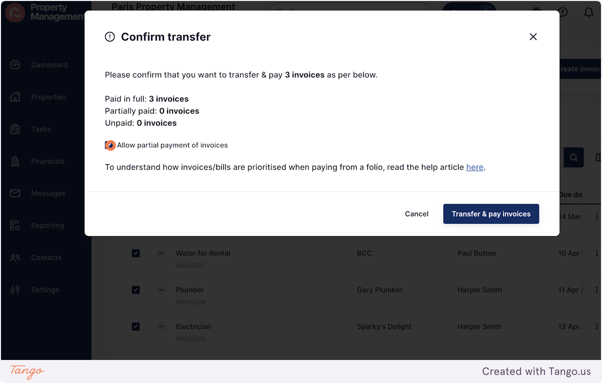 In this pop up, you can select to Allow partial payment of invoices if you're not holding enough funds to pay the invoice in full