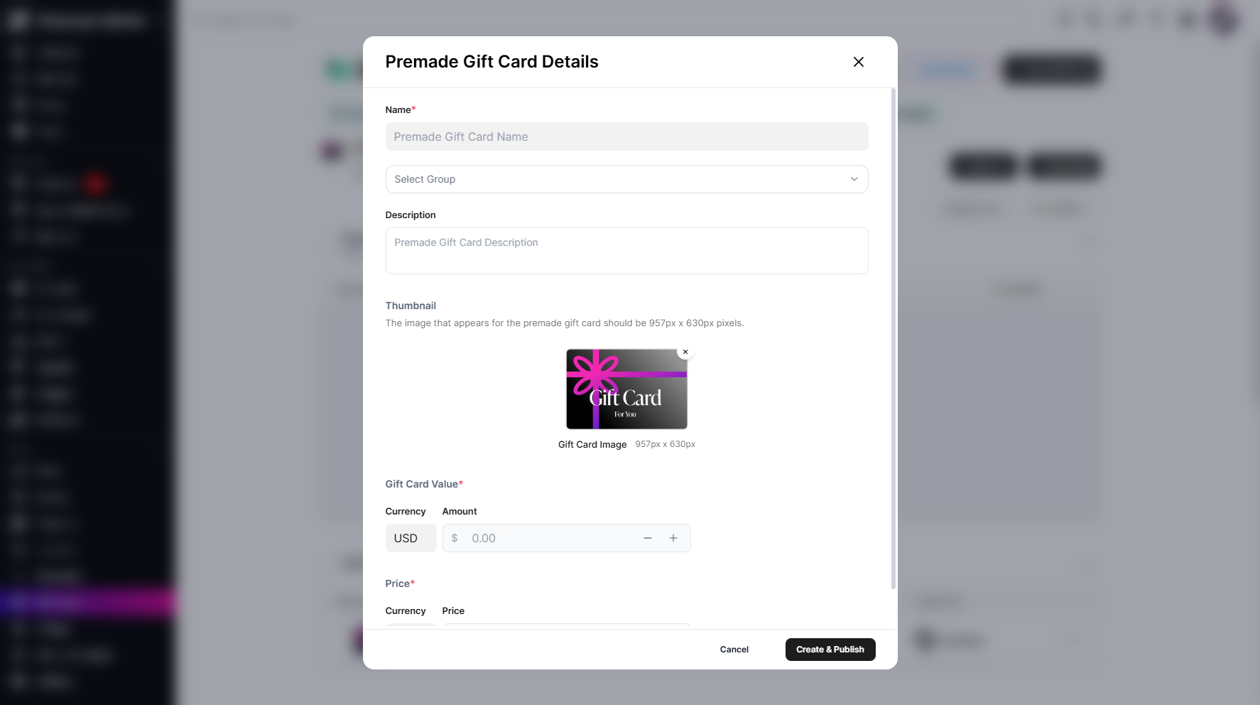Step 6: A pop-up window will appear, prompting you to configure details such as the name, group selection, description, gift card value, and price.
