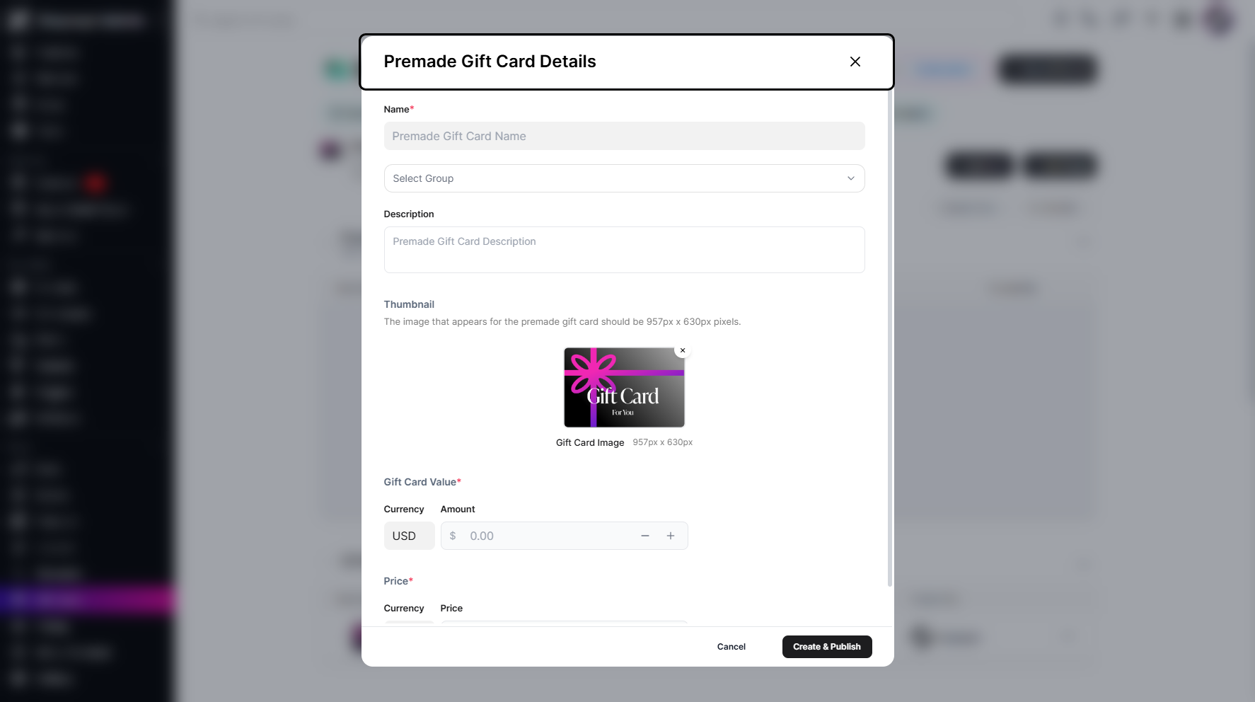 Step 6: A pop-up window will appear, prompting you to configure details such as the name, group selection, description, gift card value, and price.