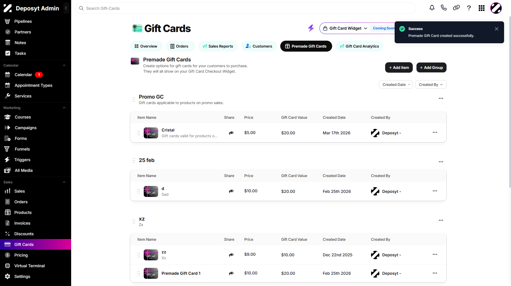 Step 8: You can now view your newly created item and a pop-up notification at the top.