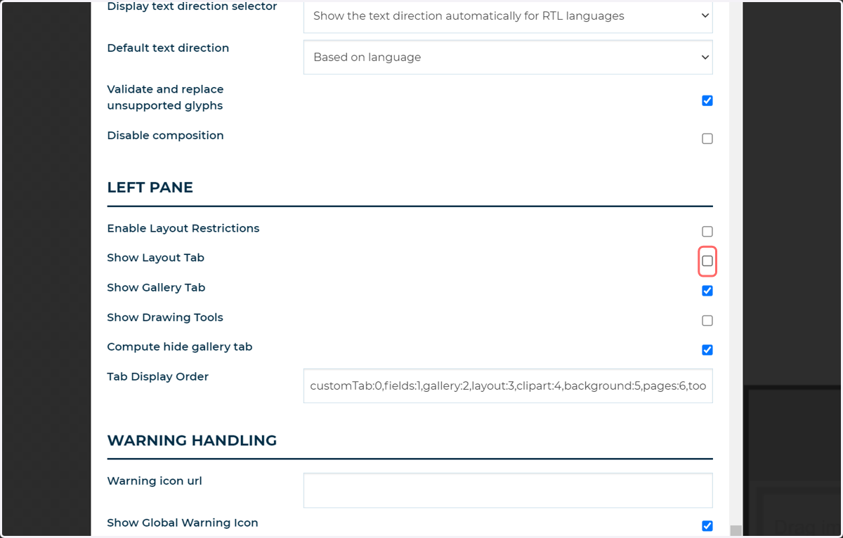 Uncheck Show Layout Tab
