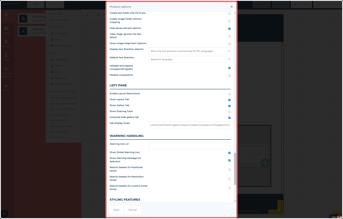 Navigate to the Left Pane section of the Product Options
