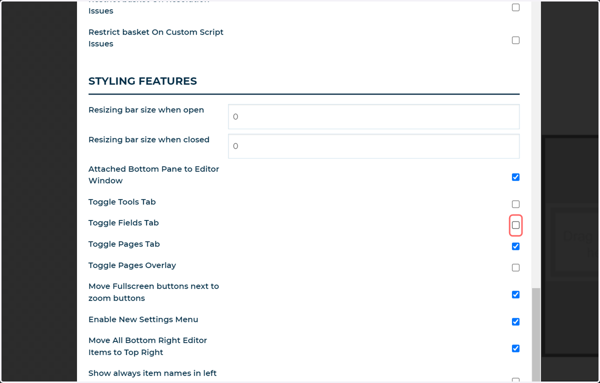 Uncheck Toggle Fields Tab