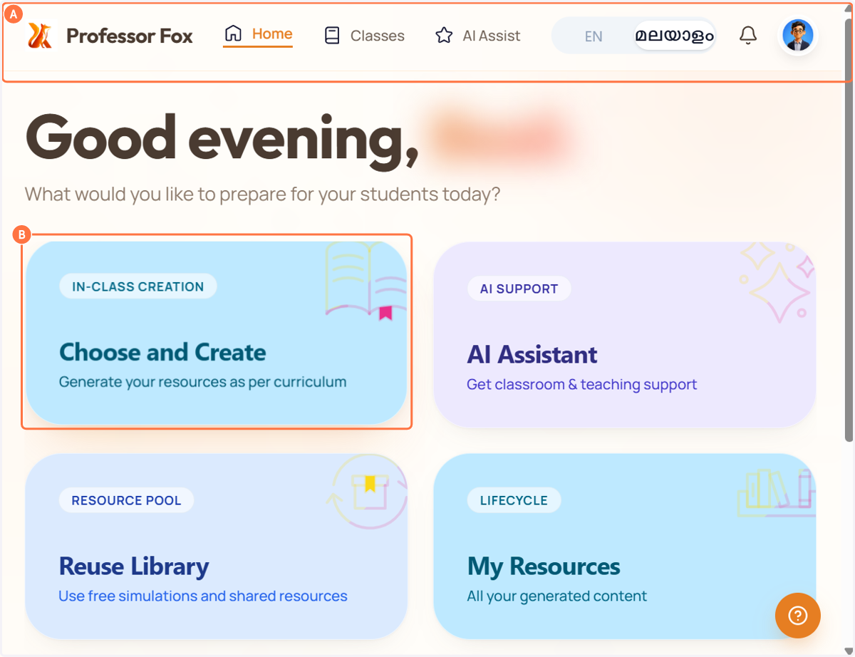 A. Open Professor Fox B. Click on Choose and Create
