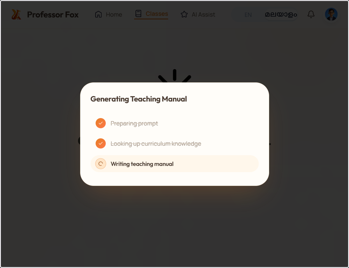 Professor Fox is now creating your personalized teaching manual based on the selected class, subject, chapter/unit, and learner level. This may take a few moments.