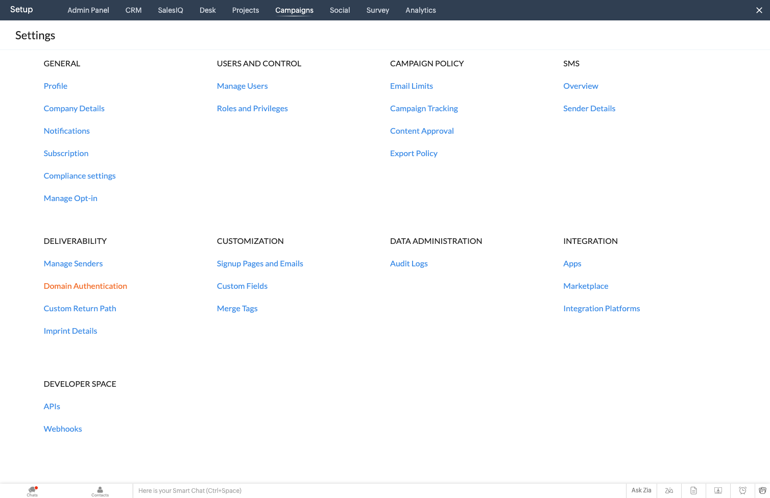 Click on "Domain Authentication" under Deliverability.