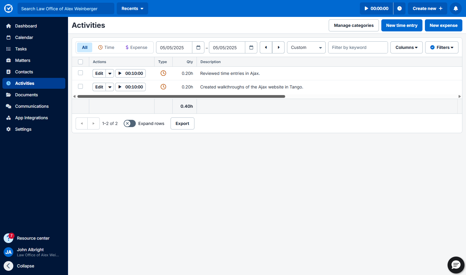 I've created two entries in Clio. One is for 00005-Sales and the other is for 00031-Customer Success.