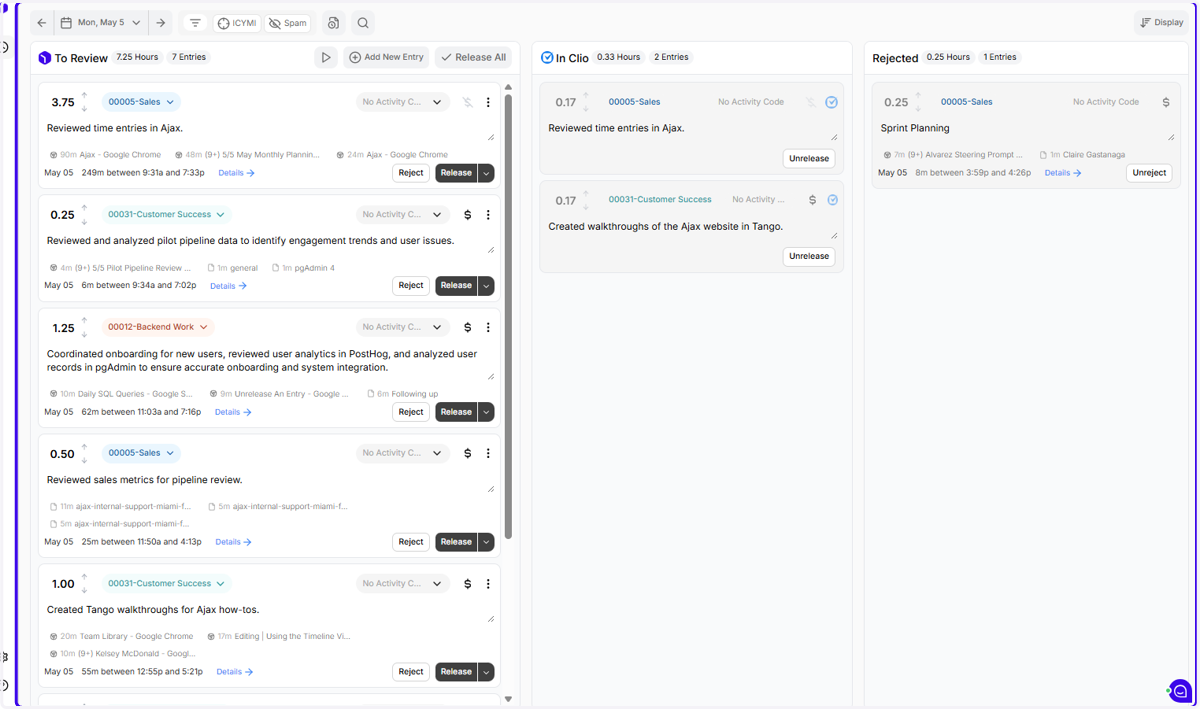Ajax has captured a few entries pending review for that same day, including two for the 00005-Sales matter and two for the 00031-Customer Success matter.
