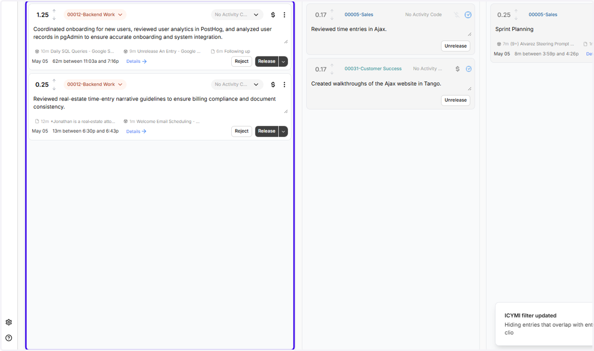 When ICYMI is enabled, it HIDES all entries that have an overlapping matter with an Activity you've already created in Clio.