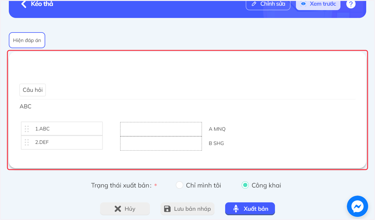 Bảng hiển thị câu hỏi