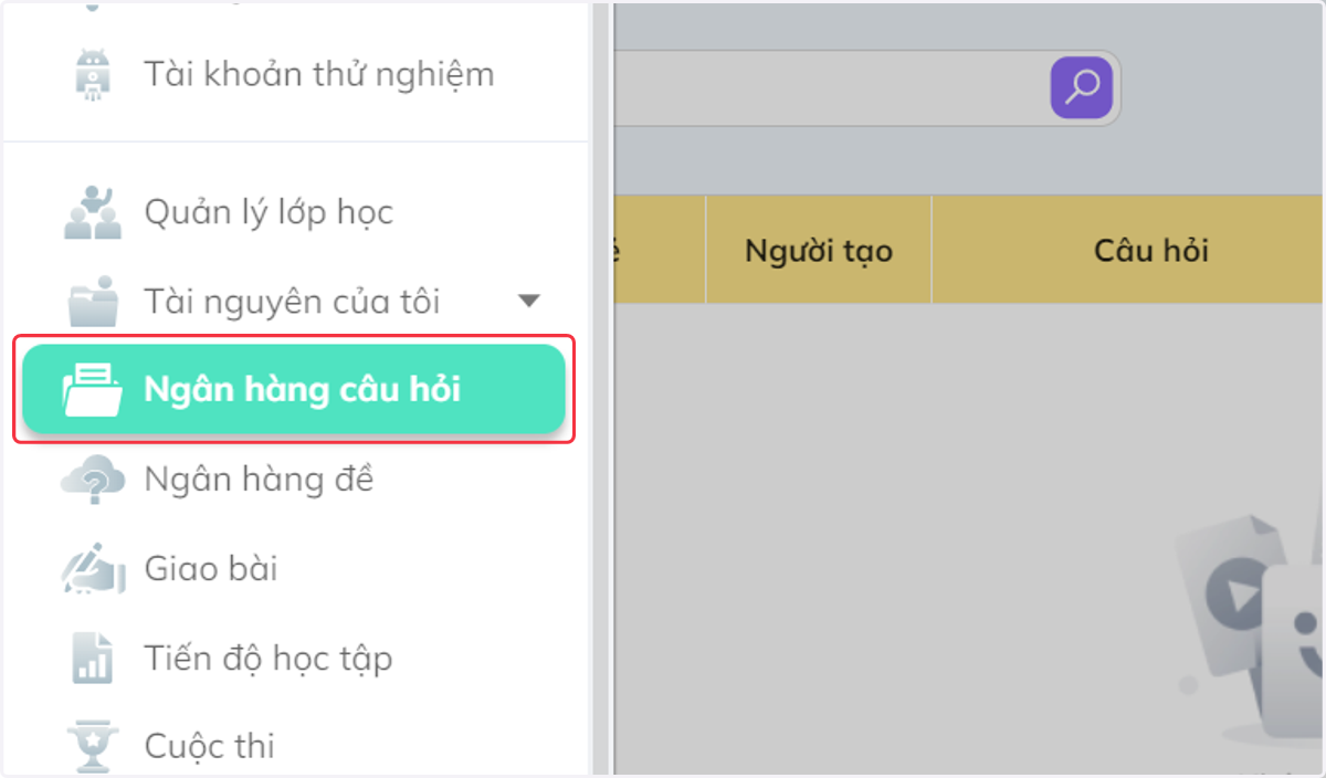 Nhấn chọn "Ngân hàng câu hỏi"
