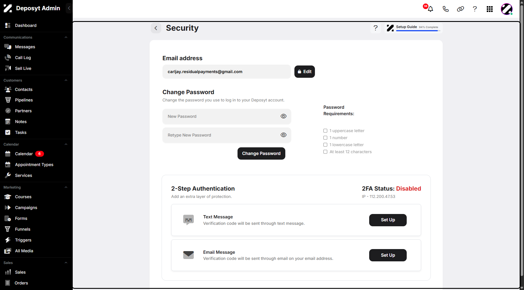 Step 5: You will be taken to the Security settings tab.