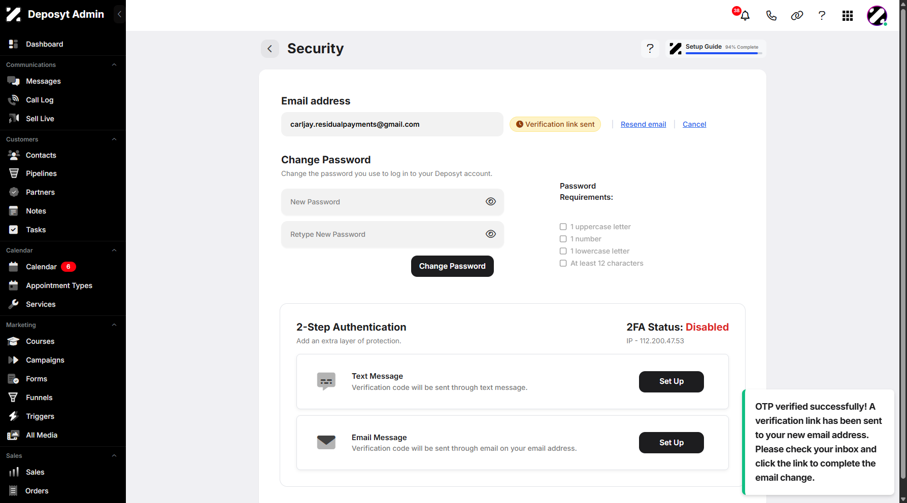 Step 13: A notification will appear, letting you know that the verification link has been sent to your new email address.