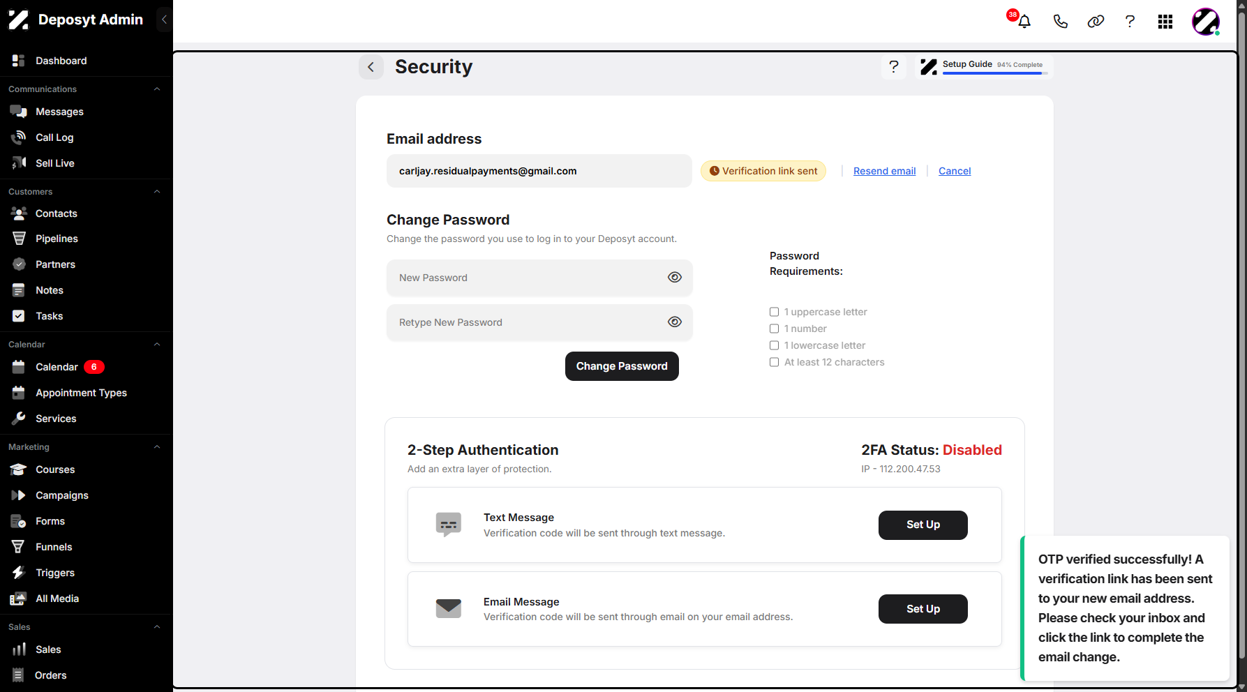 Step 13: A notification will appear, letting you know that the verification link has been sent to your new email address.