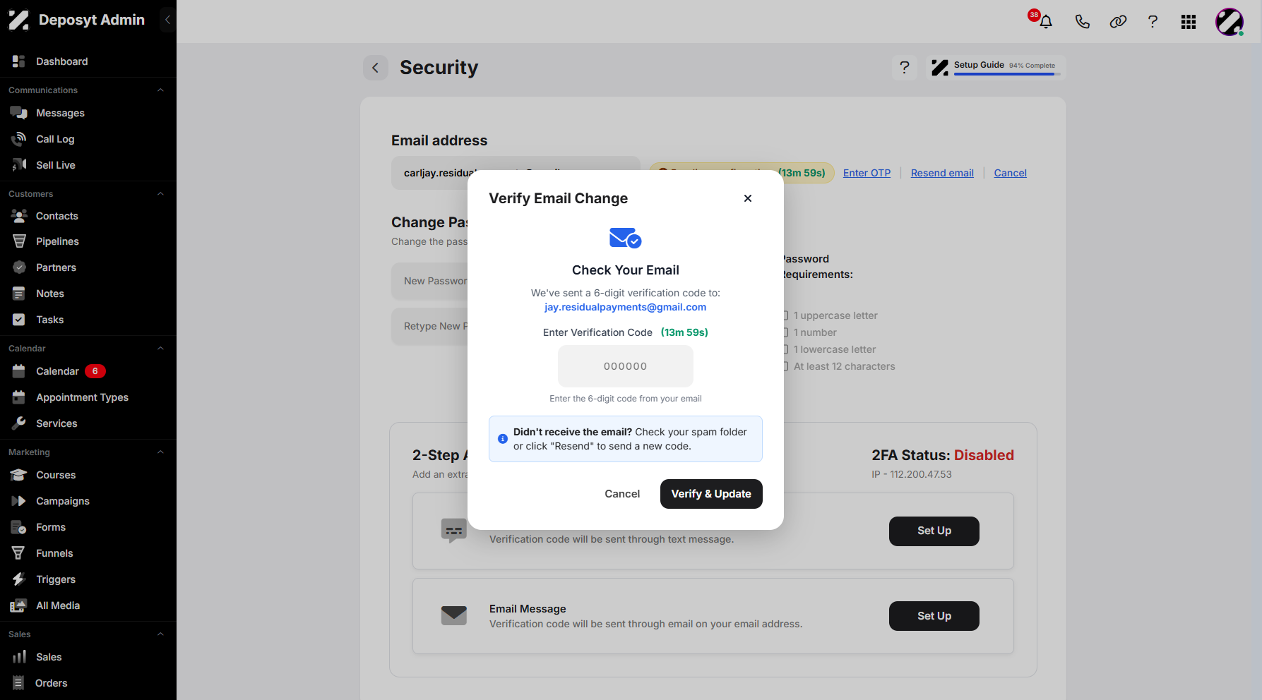 Step 11: A pop-up window will appear, prompting you to enter the verification code sent to your new email address.