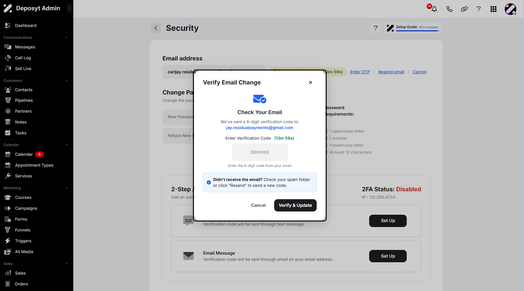 Step 11: A pop-up window will appear, prompting you to enter the verification code sent to your new email address.