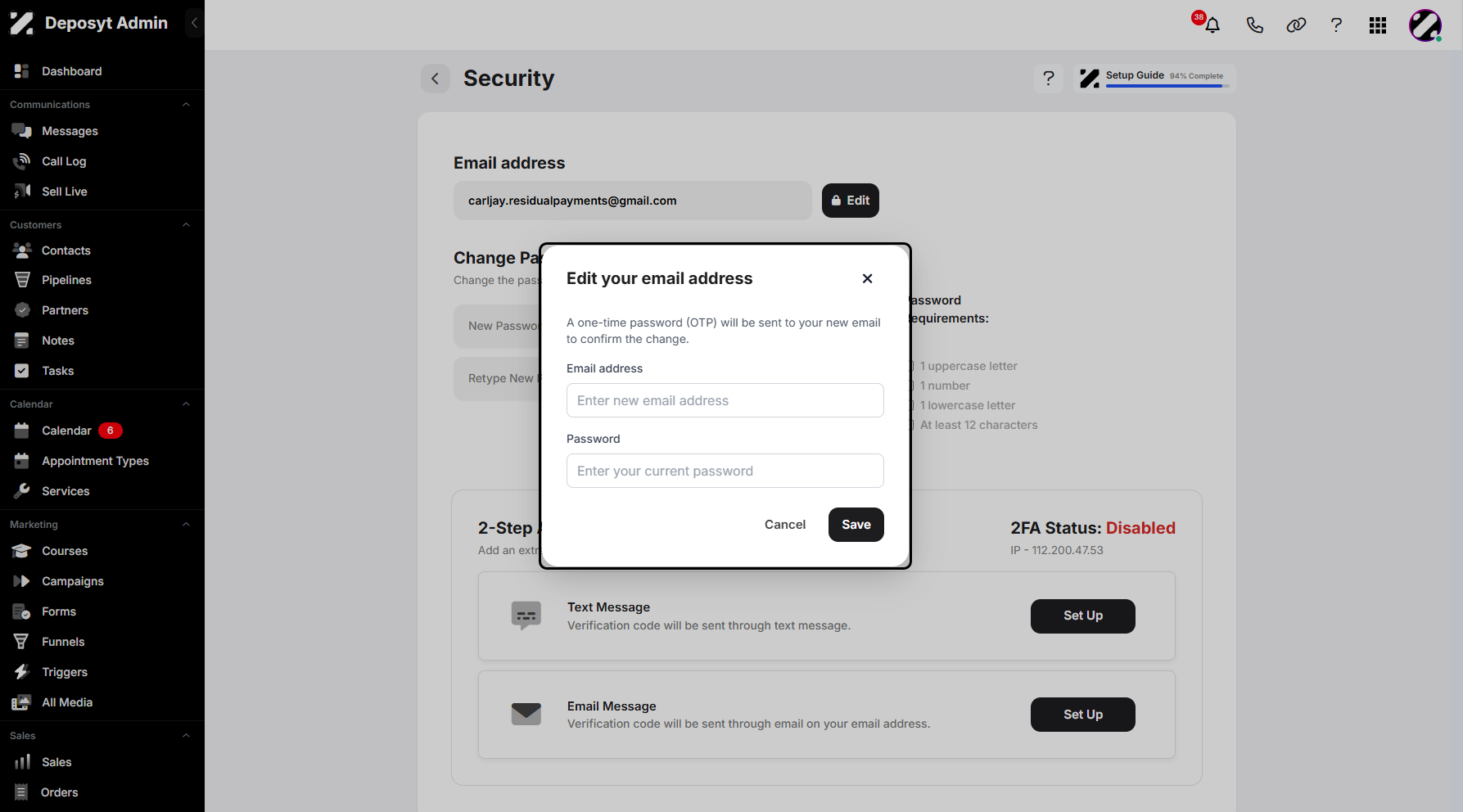 Step 7: A pop-up window will appear, prompting you to enter a new email address and your current Deposyt account password.