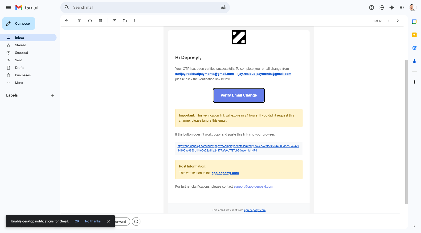 Step 14: Go to your email account, open the email, and click Verify Email Change to proceed.