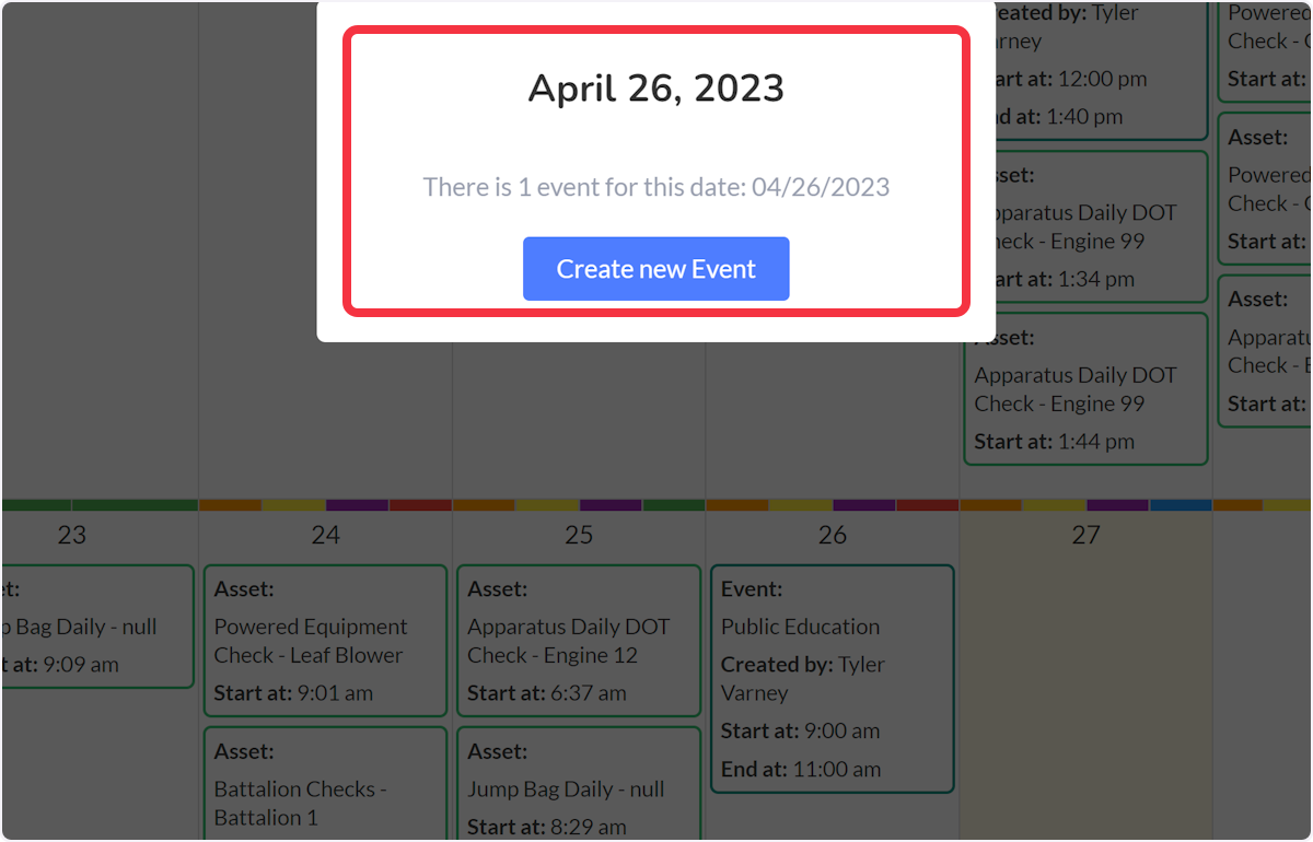 Confirm the date and select Create new Event.