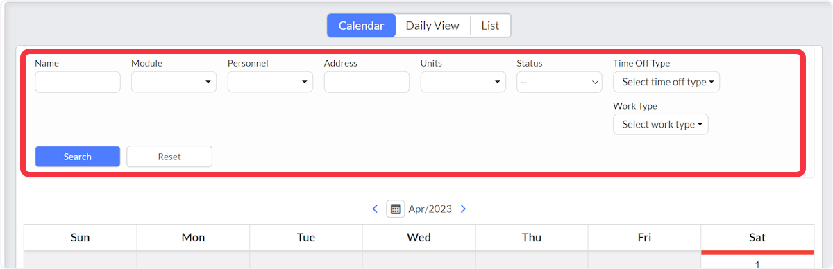 Use the search fields to customize what appears in the Calendar view.