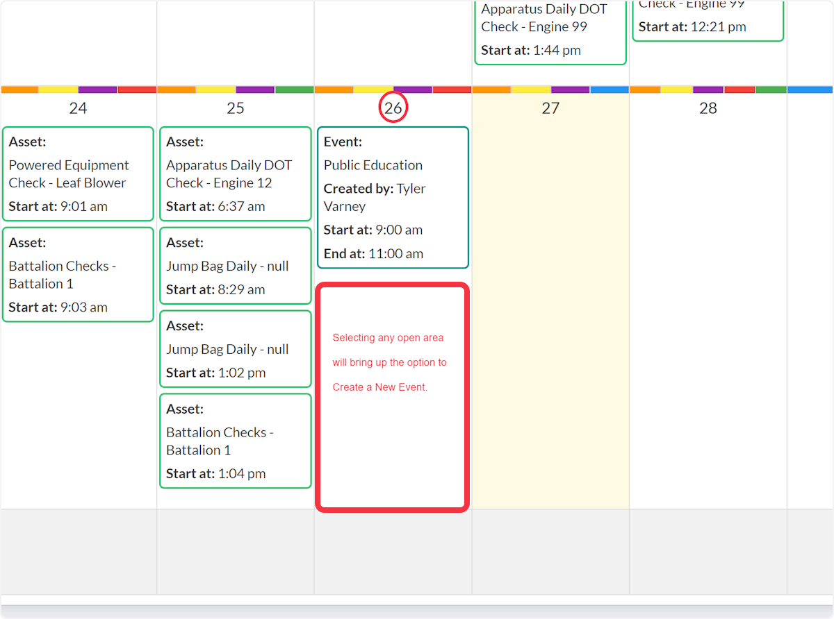 To create a new event from the Calendar view select on the date or any open area within that date.