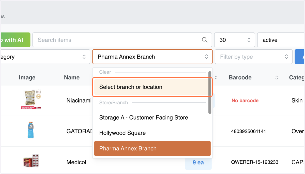 Click on Select branch or location