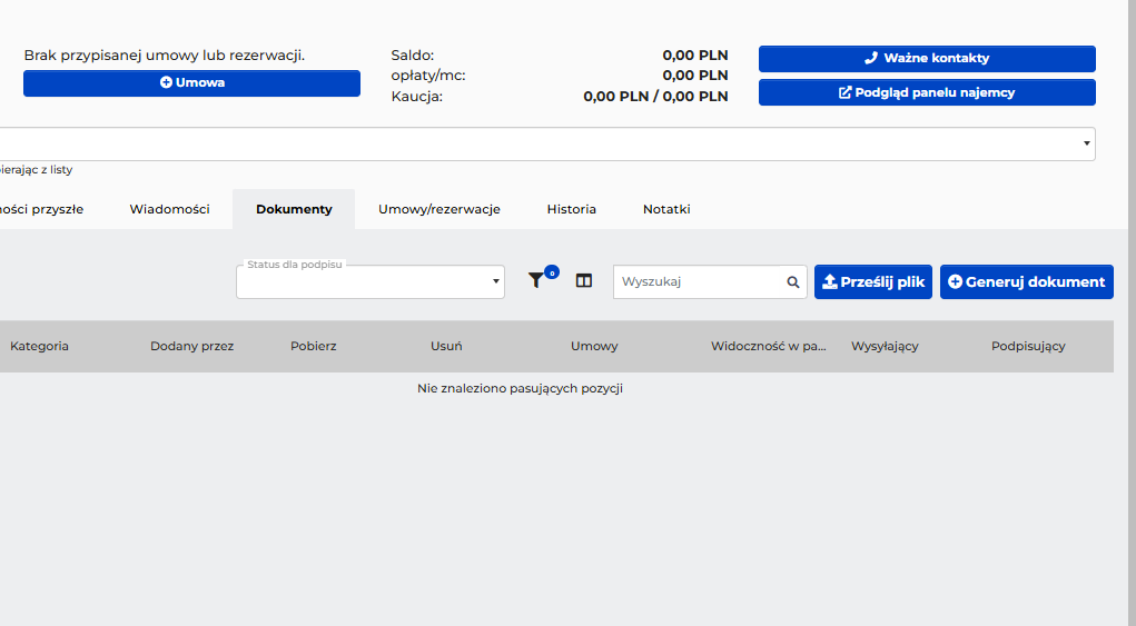 Dokument można wygenerować z wcześniej dodanego szablonu lub dodać gotowy do podpisu dokument.