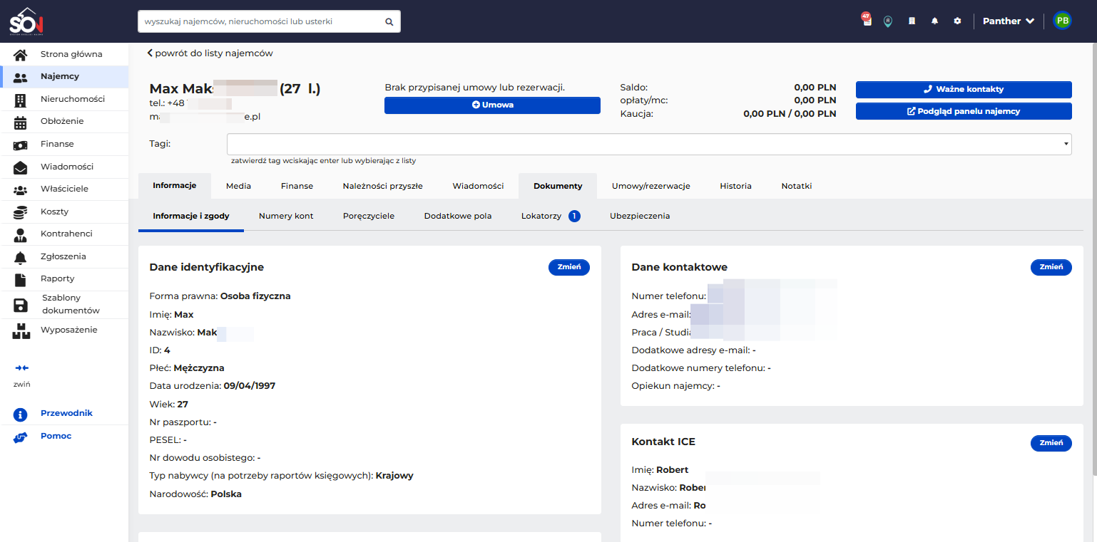 Dokument można podpisać na wybranej karcie (najemca /właściciel /kontrahent/ nieruchomość) w zakładce dokumenty.