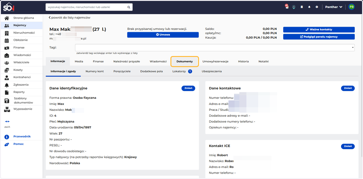 Dokument można podpisać na wybranej karcie (najemca /właściciel /kontrahent/ nieruchomość) w zakładce dokumenty.