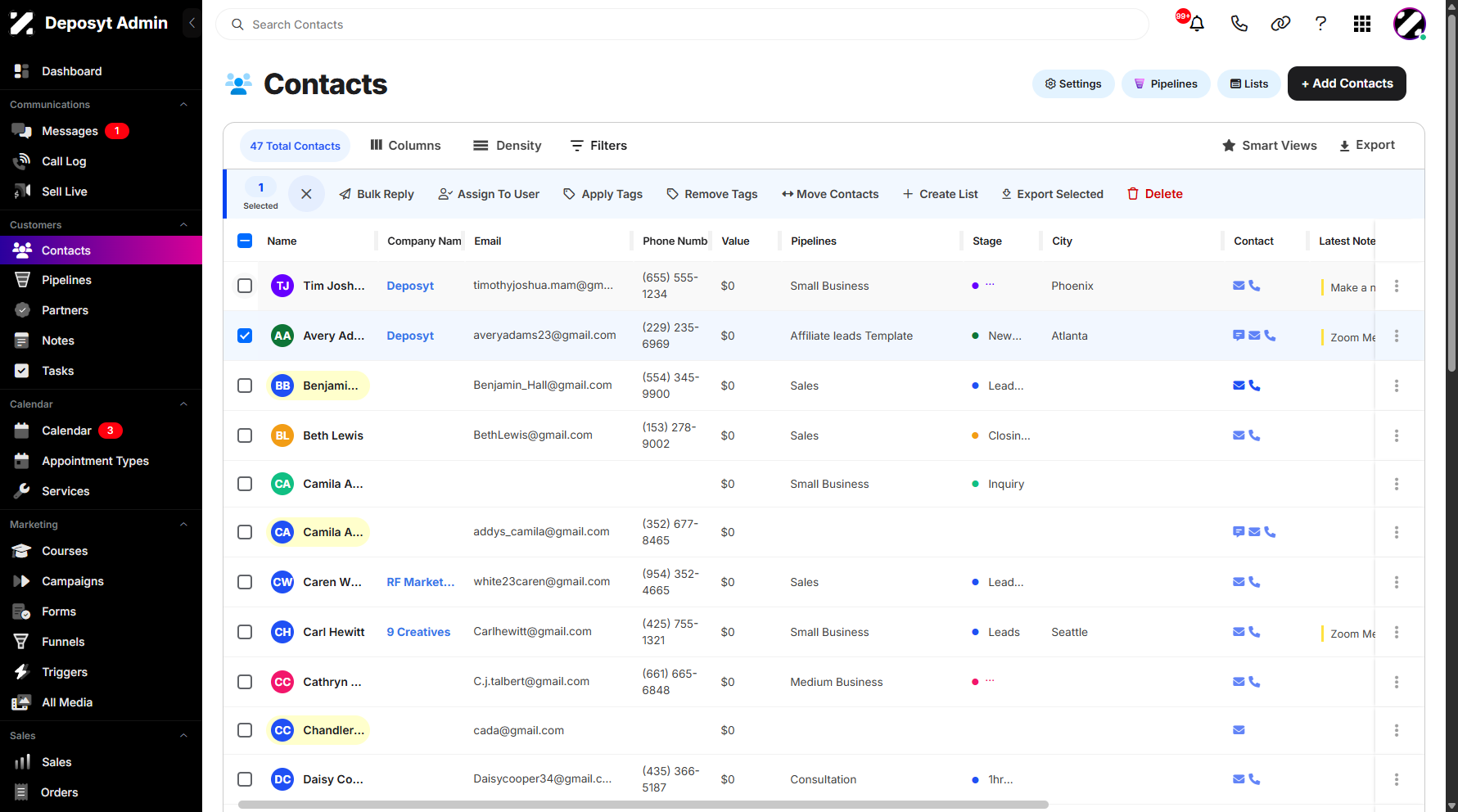 Step 3: Select one or more contacts by clicking the checkboxes next to their names. You can also select all contacts at once by clicking the Select All checkbox above. 