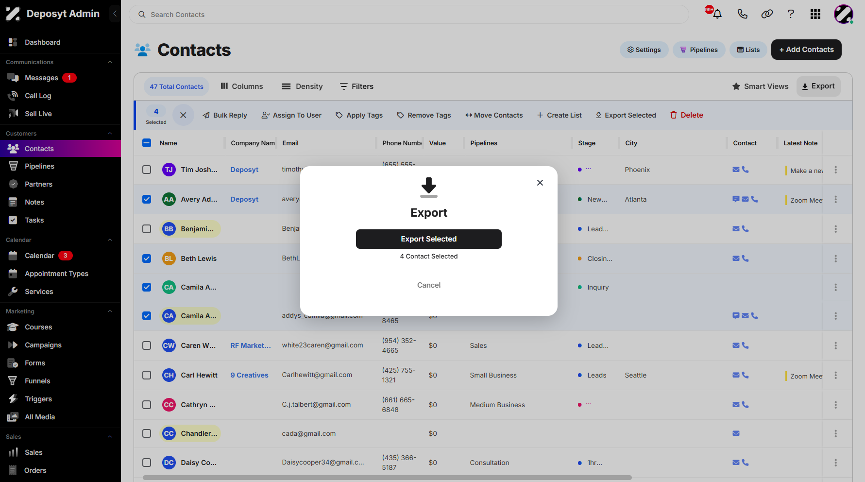 Step 5: A pop-up window will appear, this window show you the total number of your selected contact, you can proceed by clicking the export selected button, and cancel your action.