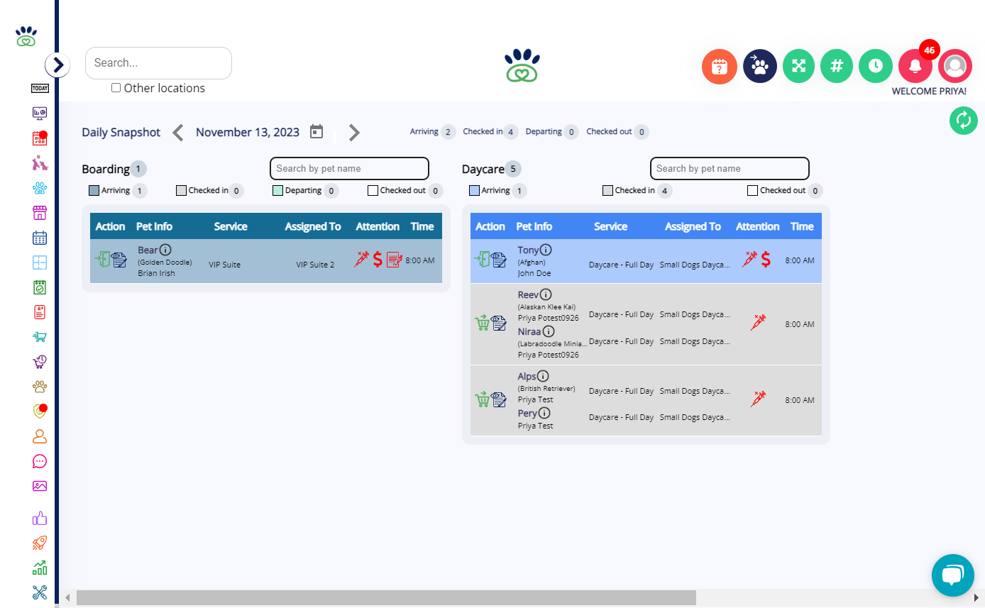 When you click on 'Checked in' under a service, it sorts the appointments accordingly, and the same applies for 'Checked out' as well.