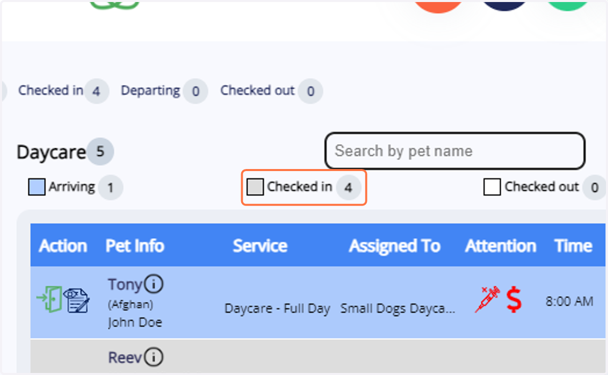 When you click on 'Checked in' under a service, it sorts the appointments accordingly, and the same applies for 'Checked out' as well.